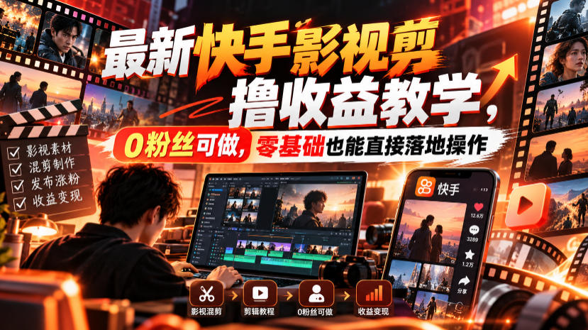 最新快手影视混剪撸收益教学,0粉丝可做,零基础也能直接落地操作-皮皮网创