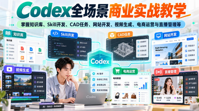 【无水印】Codex全场景商业实战教学，掌握知识库、Skill开发、CAD任务、网站开发、视频生成、电商运营与直播管理等-皮皮网创