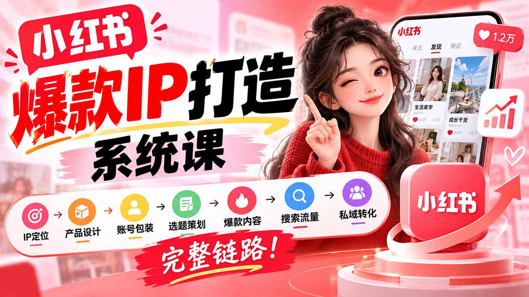 【无水印】小红书爆款IP打造课：IP定位→产品设计→账号包装→选题策划→爆款内容→搜索流量→私域转化，完整链路-皮皮网创