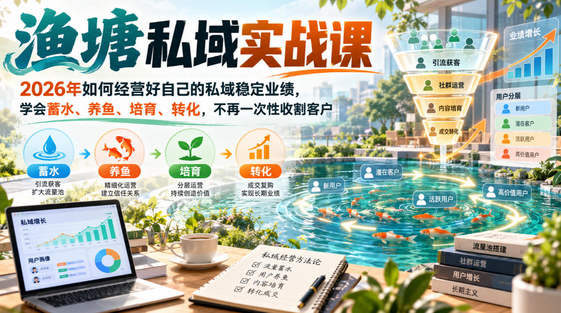 渔塘私域实战课,2026年如何经营好自己的私域稳定业绩,学会蓄水、养鱼、培育、转化,不再一次性收割客户-皮皮网创