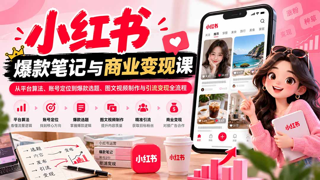 2026小红书爆款笔记与商业变现课:从平台算法、账号定位到爆款选题、图文视频制作与引流变现全流程-皮皮网创
