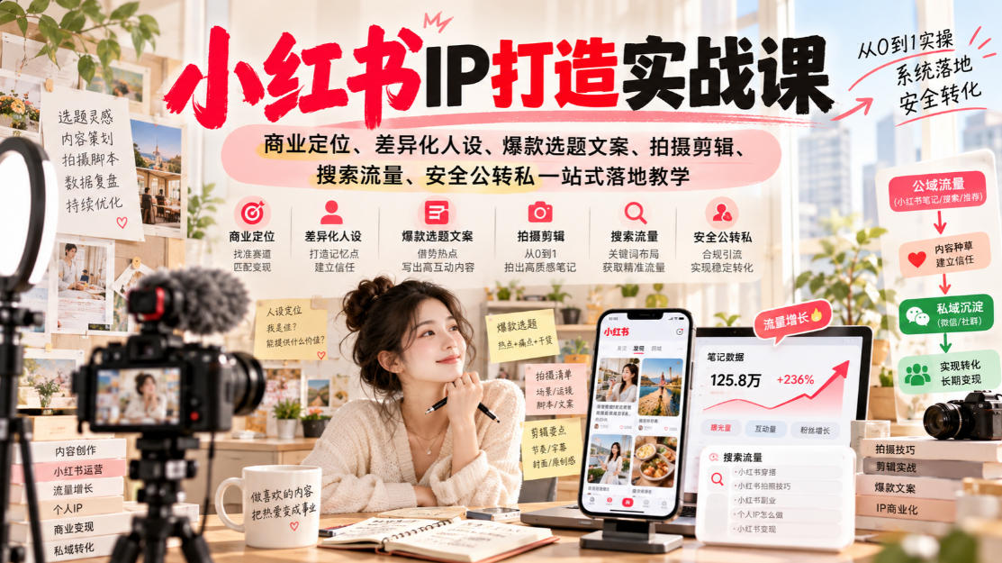小红书ip打造实战课,商业定位、差异化人设、爆款选题文案、拍摄剪辑、搜索流量、安全公转私一站式落地教学-皮皮网创