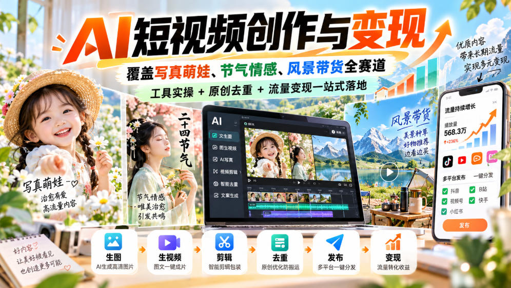 AI短视频创作与变现,覆盖写真萌娃、节气情感、风景带货全赛道,工具实操+原创去重+流量变现一站式落地-皮皮网创