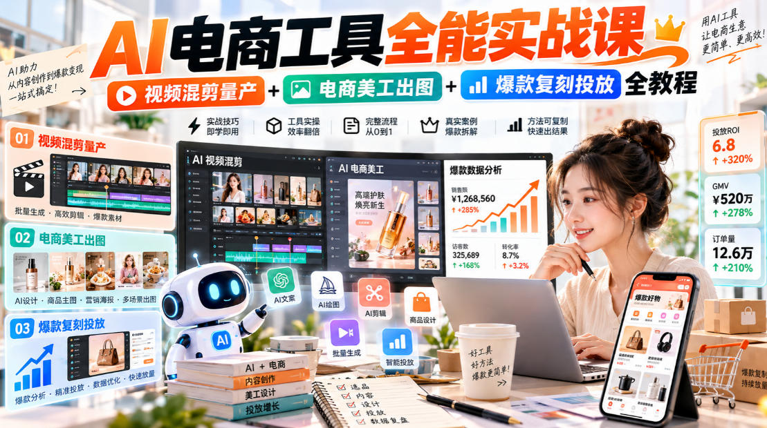 AI电商工具全能实战教学，视频混剪量产+电商美工出图+爆款复刻投放全教程​-皮皮网创