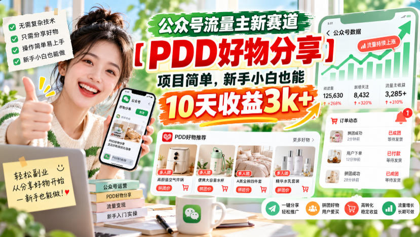 公众号流量主新赛道【PDD好物分享】,项目简单,新手小白也能10天收益3k+-皮皮网创