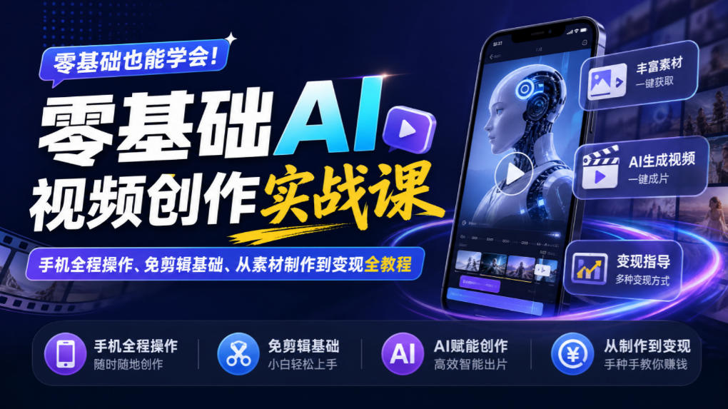 零基础AI视频创作实战课｜手机全程操作、免剪辑基础、从素材制作到变现全教程​-皮皮网创