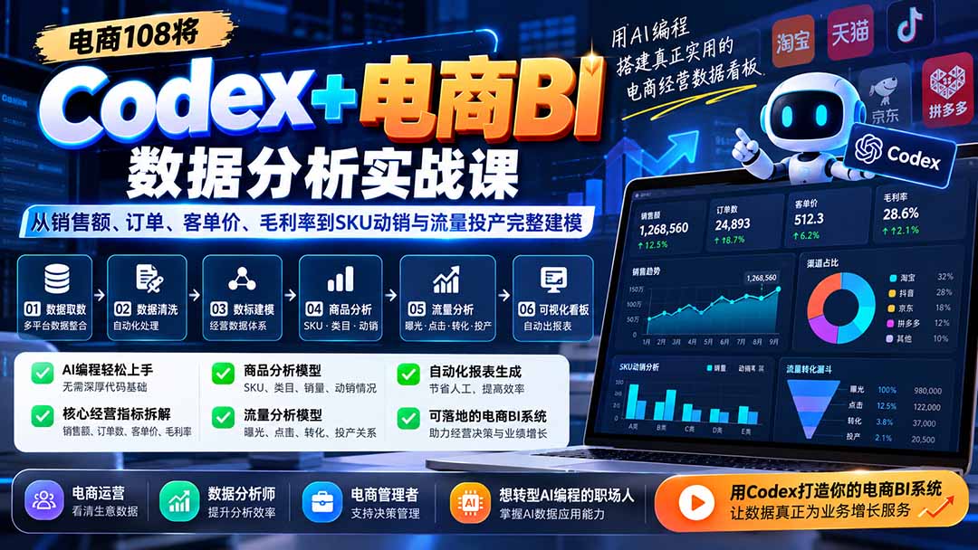 Codex+电商BI数据分析实战课-更新:从销售额、订单、客单价、毛利率到SKU动销与流量投产完整建模-皮皮网创
