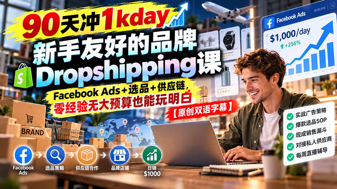 90天冲1kday 新手友好的品牌Dropshipping课:Facebook Ads+选品+供应链,零经验无大预算也能玩明白【原创双语字幕】-皮皮网创