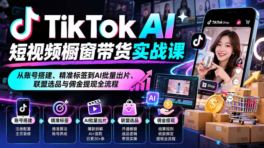 TikTok AI短视频橱窗带货实战课:从账号搭建、精准标签到AI批量出片、联盟选品与佣金提现全流程-皮皮网创