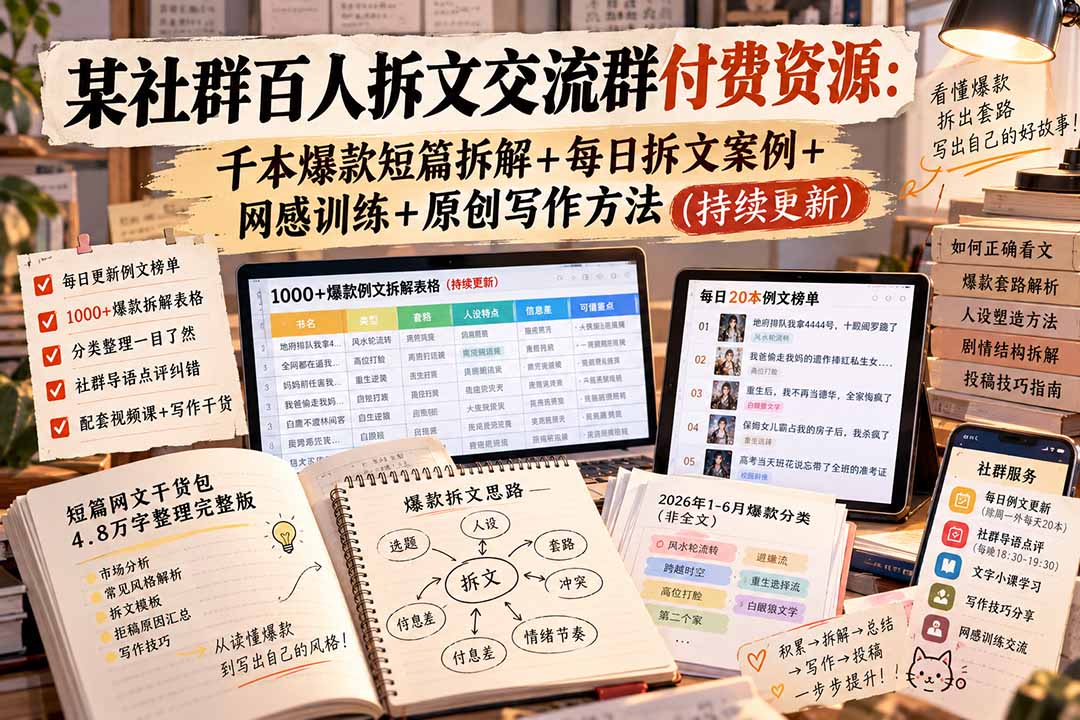 某社群百人拆文交流群付费资源-更新0929：千本爆款短篇拆解+每日拆文案例+网感训练+原创写作方法-皮皮网创