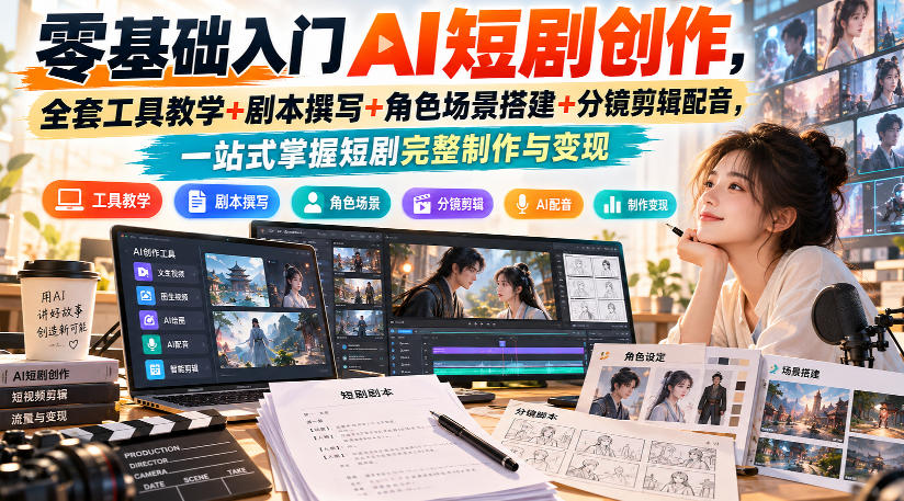 零基础入门AI短剧创作，全套工具教学+剧本撰写+角色场景搭建+分镜剪辑配音，一站式掌握短剧完整制作与变现-皮皮网创