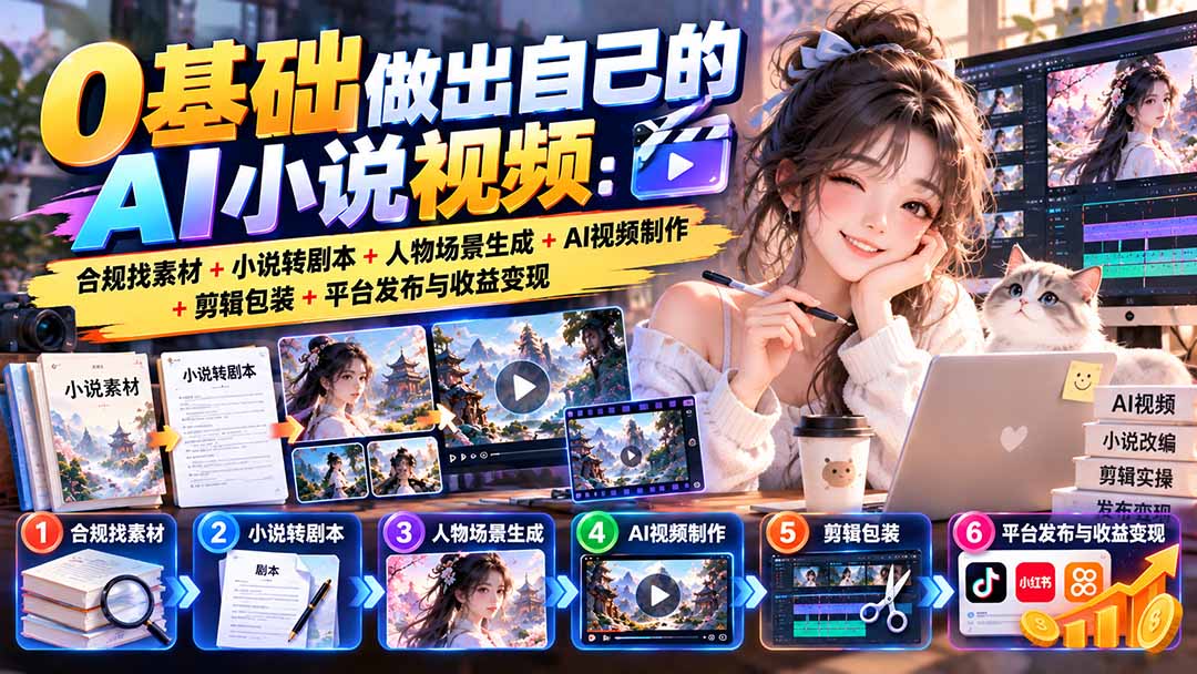 0基础做出自己的AI小说视频：合规找素材+小说转剧本+人物场景生成+AI视频制作+剪辑包装+平台发布与收益变现-皮皮网创