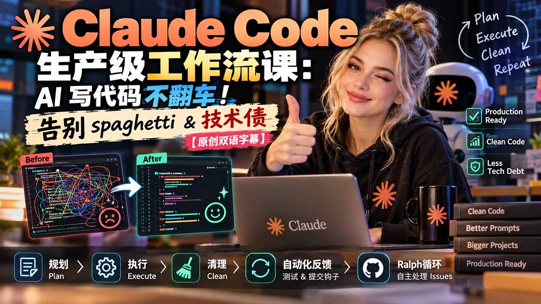Claude Code 生产级工作流课:AI 写代码不翻车!告别 spaghetti & 技术债【原创双语字幕】-皮皮网创