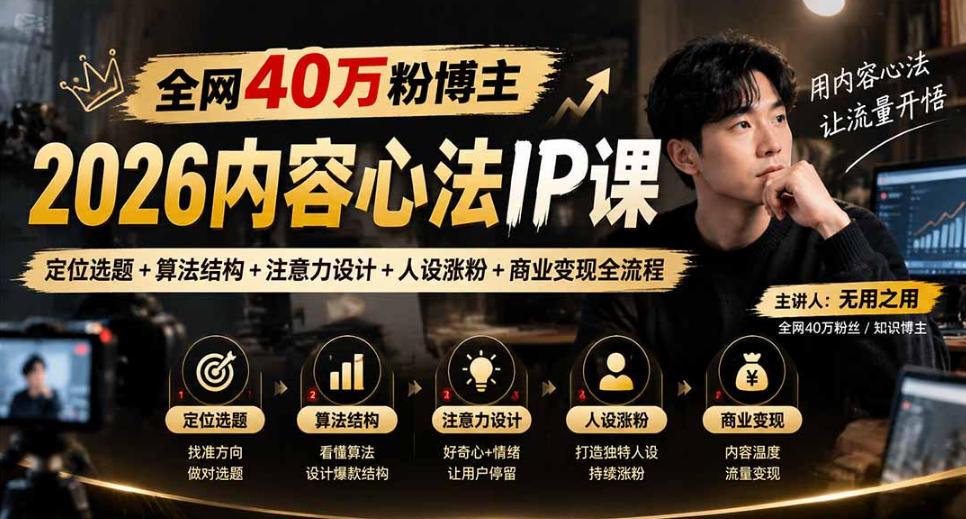 【无水印】全网40W粉博主的2026内容心法IP课,定位选题+算法结构+注意力设计+人设涨粉+商业变现全流程-皮皮网创