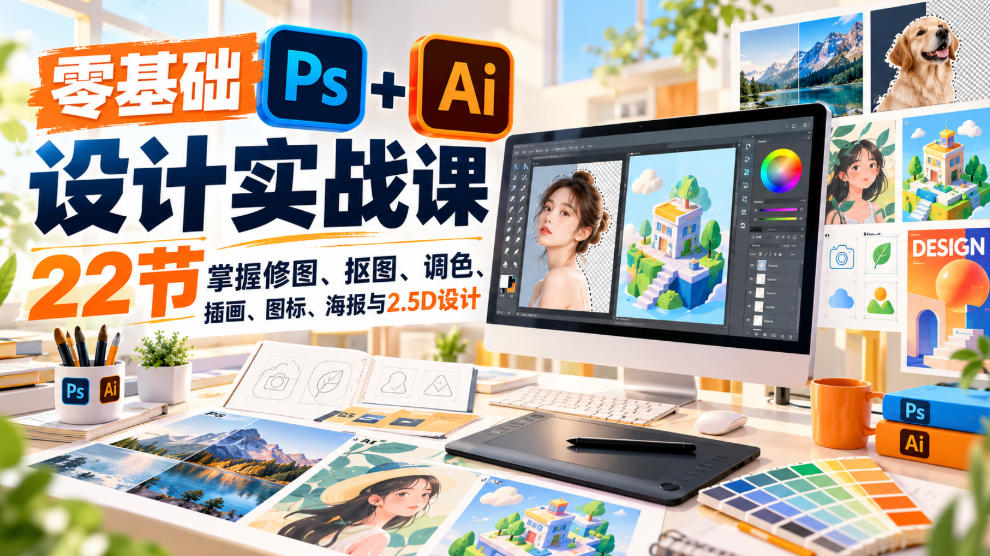 【无水印】零基础PS+AI设计实战课｜22节掌握修图、抠图、调色、插画、图标、海报与2.5D设计-皮皮网创