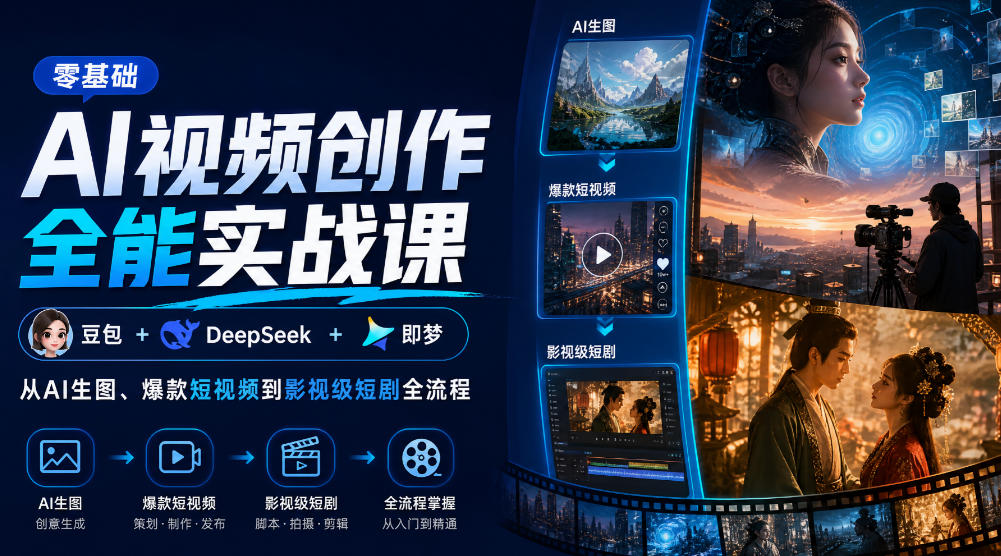 零基础AI视频创作全能实战课｜豆包+DeepSeek+即梦，从AI生图、爆款短视频到影视级短剧全流程-皮皮网创