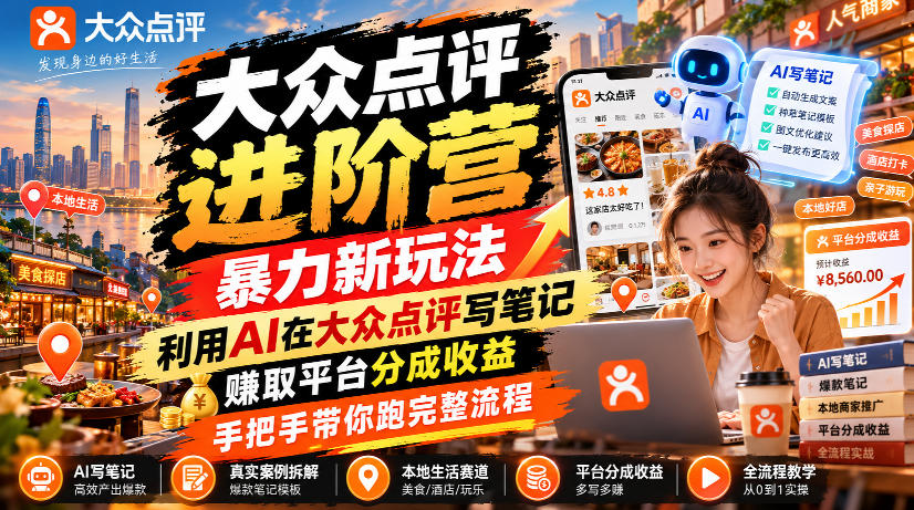 大众点评进阶营，暴力新玩法，利用AI在大众点评写笔记， 賺取平台分成收益，手把手带你跑完整流程-皮皮网创