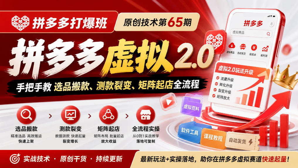 《拼多多打爆班》原创技术第65期,拼多多虚拟2.0,手把手教选品搬款、测款裂变、矩阵起店全流程-皮皮网创