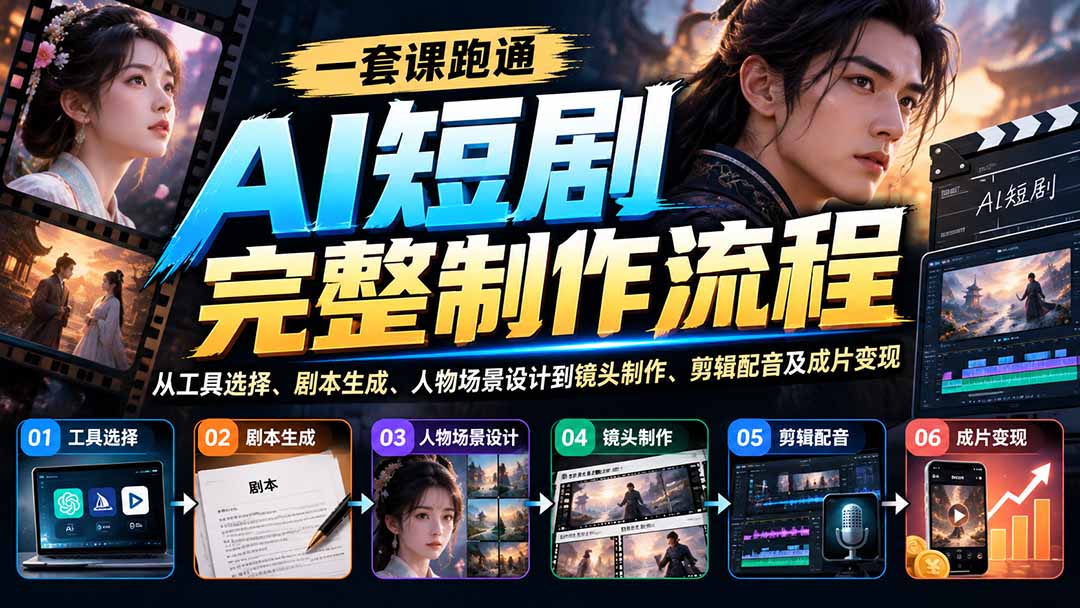 一套课跑通AI短剧完整制作流程：从工具选择、剧本生成、人物场景设计到镜头制作、剪辑配音及成片变现-皮皮网创