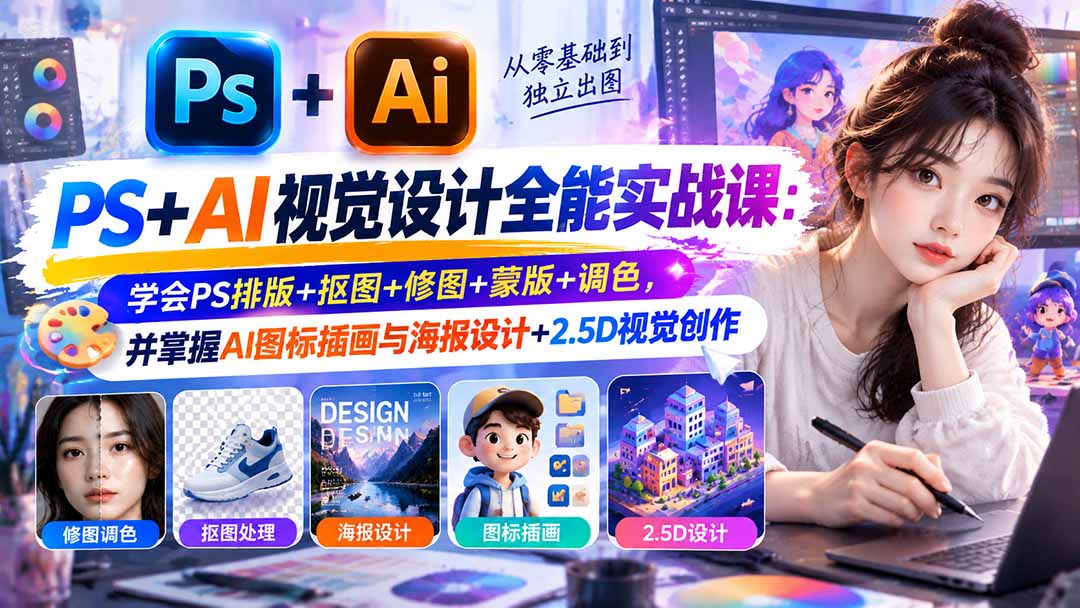【无水印】PS+AI视觉设计全能实战课：学会PS排版+抠图+修图+蒙版+调色，并掌握AI图标插画与海报设计+2.5D视觉创作-皮皮网创