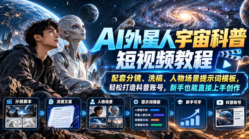 AI外星人宇宙科普短视频教程，配套分镜、洗稿、人物场景提示词模板，轻松打造科普账号，新手也能直接上手创作-皮皮网创