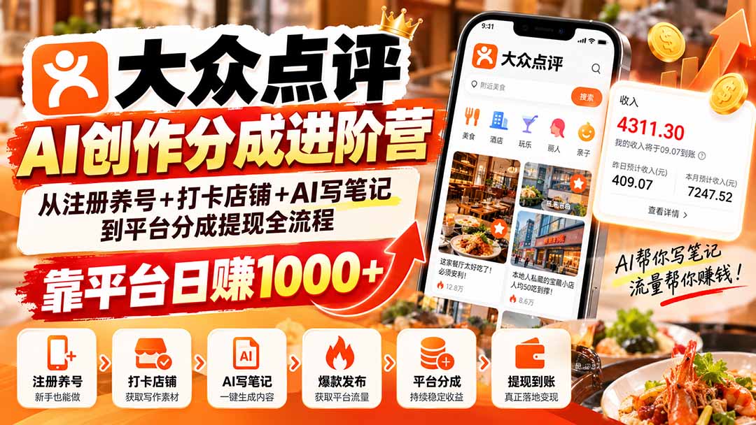 大众点评AI创作分成进阶营：从注册养号+打卡店铺+AI写笔记到平台分成提现全流程，靠平台日赚1000+-皮皮网创