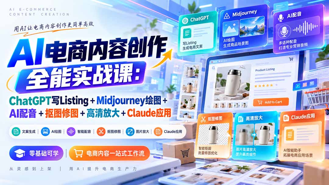 【无水印】AI电商内容创作全能实战课:ChatGPT写Listing+Midjourney绘图+AI配音+抠图修图+高清放大+Claude应用-皮皮网创