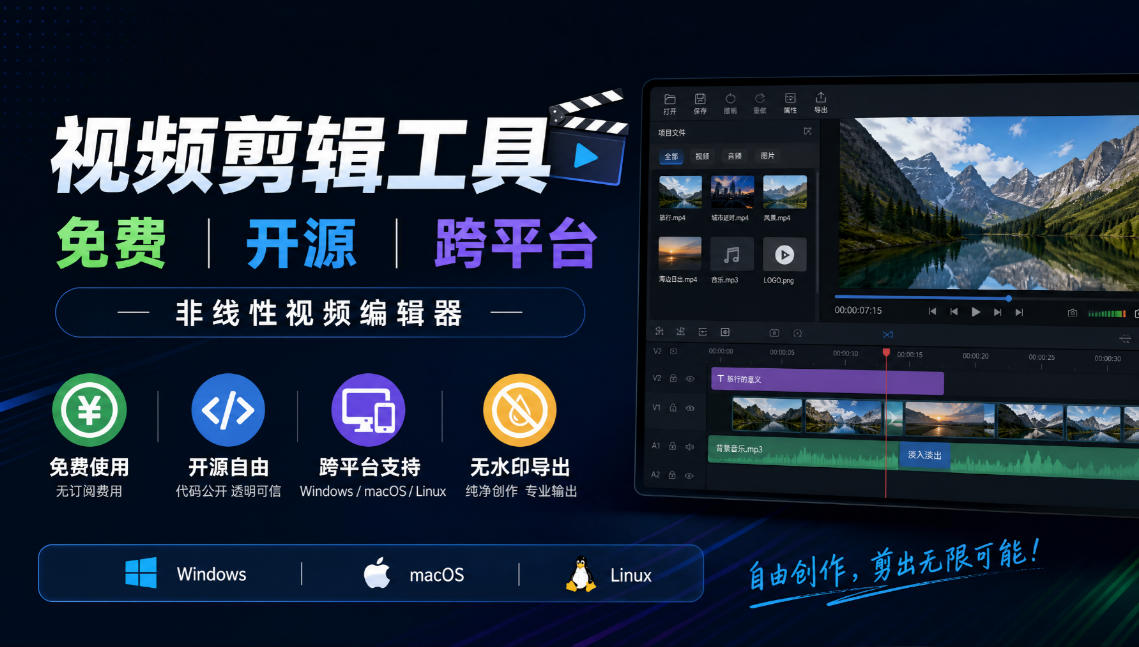 视频剪辑工具，免费、开源、跨平台，非线性视频编辑器，支持Windows、macOS、Linux，无水印、无订阅费用-皮皮网创