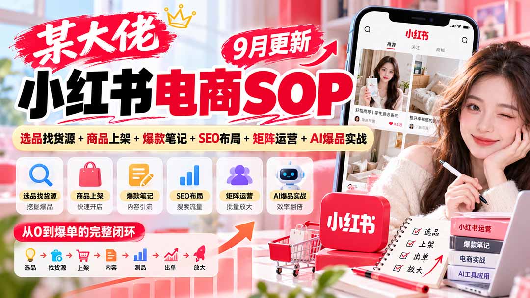 某大佬小红书电商SOP｜9月更新：选品找货源+商品上架+爆款笔记+SEO布局+矩阵运营+AI爆品实战-皮皮网创