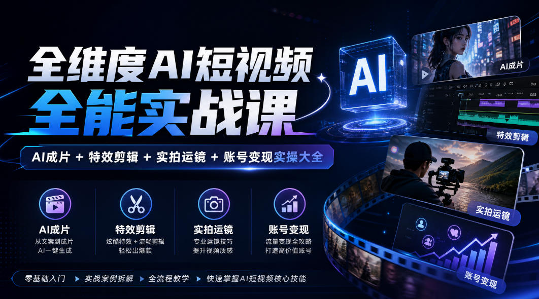 全维度AI短视频全能实战课，AI成片+特效剪辑+实拍运镜+账号变现实操大全-皮皮网创