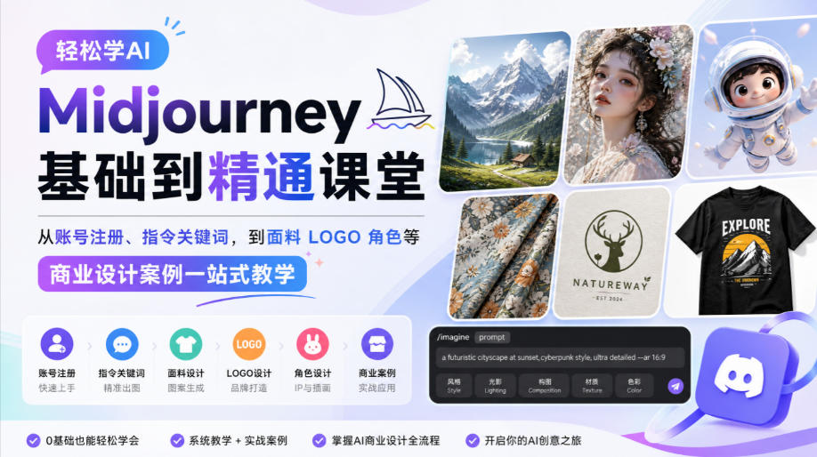 轻松学AI Midjourney基础到精通课堂,从账号注册、指令关键词,到面料LOGO角色等商业设计案例一站式教学-皮皮网创