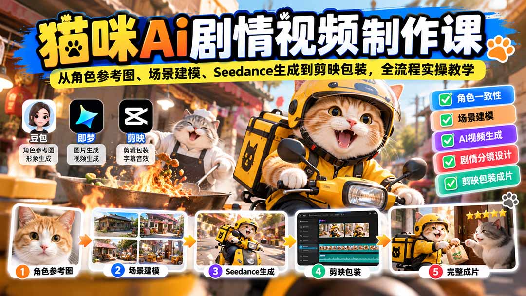 猫咪AI剧情视频制作课：从角色参考图、场景建模、Seedance生成到剪映包装，全流程实操教学-皮皮网创