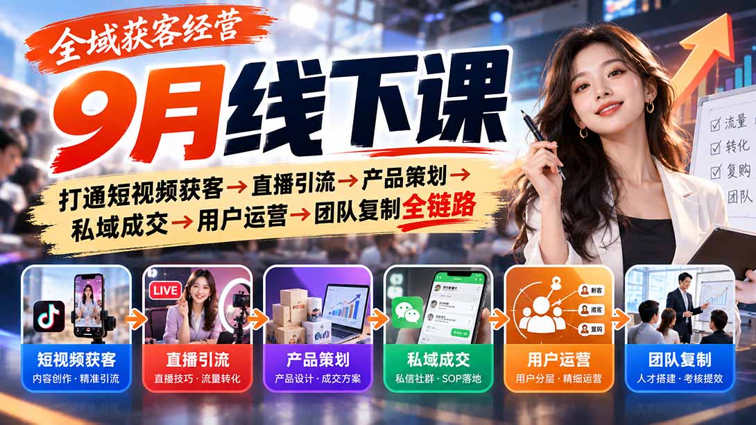 全域获客经营9月线下课：打通短视频获客→直播引流→产品策划→私域成交→用户运营→团队复制全链路-皮皮网创