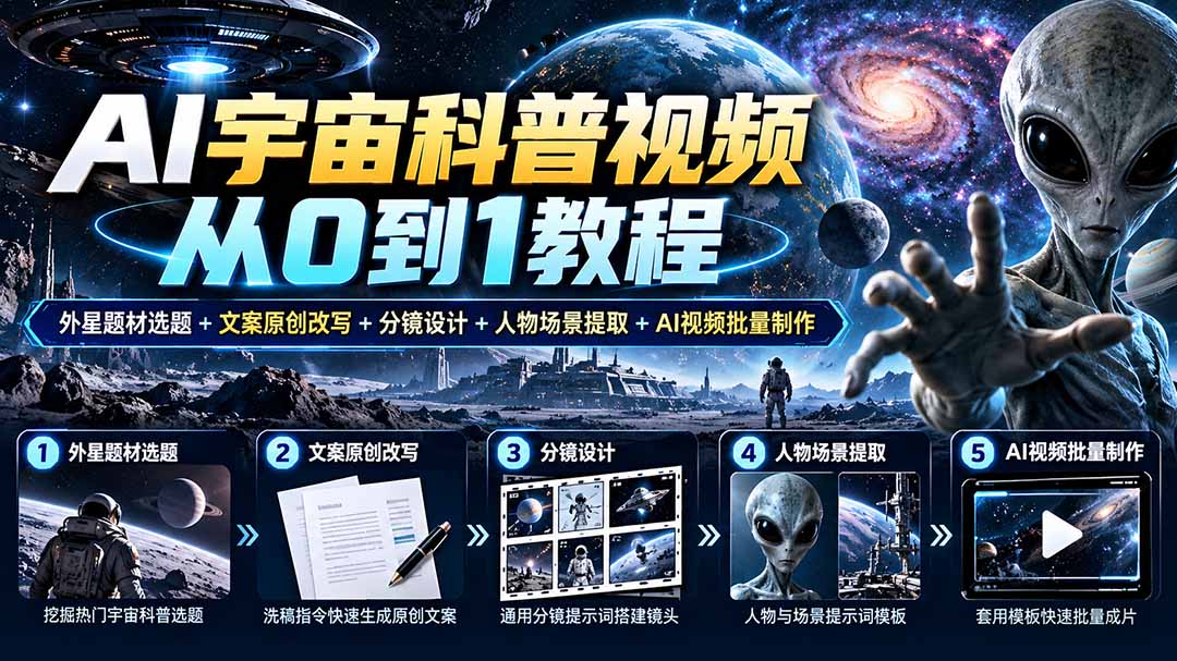AI宇宙科普视频从0到1教程|外星题材选题+文案原创改写+分镜设计+人物场景提取+AI视频批量制作-皮皮网创