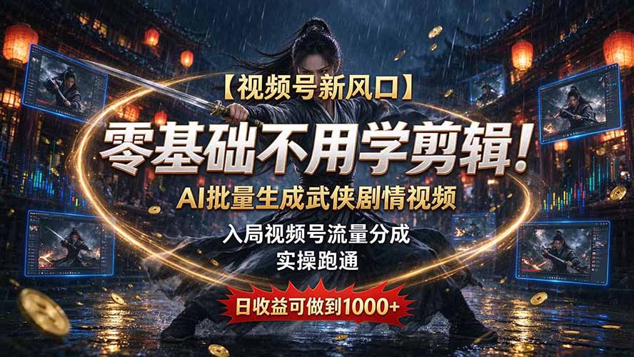 【视频号新风口】零基础不用学剪辑!AI 批量生成武侠剧情视频,入局视频号流量分成,实操跑通,日收益可做到 1000+-皮皮网创