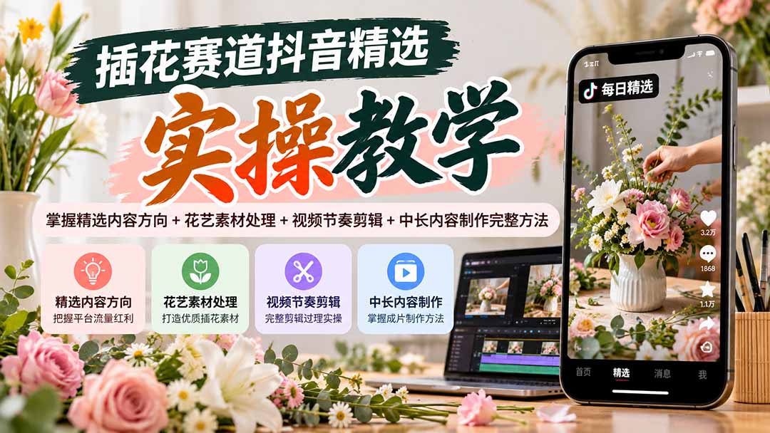 插花赛道抖音精选实操教学：掌握精选内容方向+花艺素材处理+视频节奏剪辑+中长内容制作完整方法-皮皮网创
