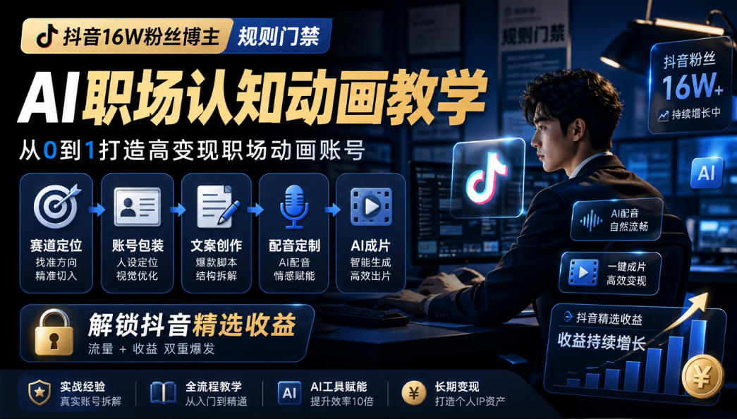 抖音16W粉丝博主规则门禁的AI职场认知动画教学,从赛道定位、账号包装,到文案创作、配音定制、AI成片,解锁抖音精选收益-皮皮网创