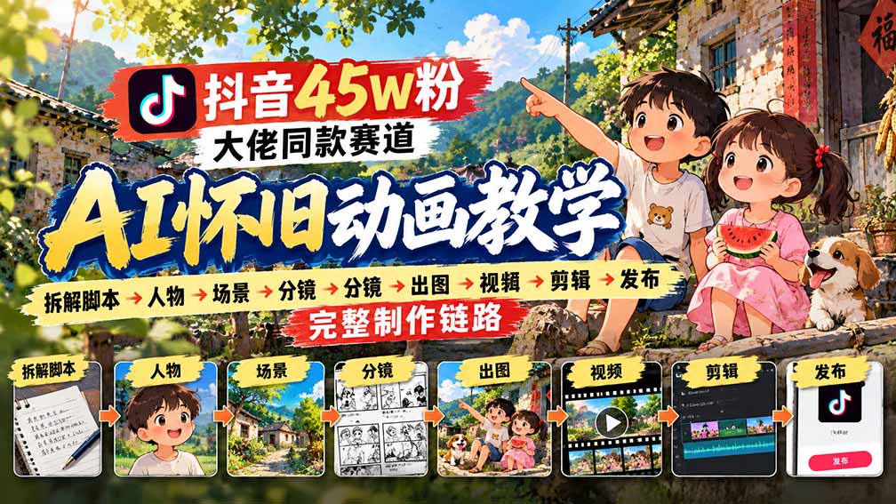 抖音45W粉大佬同款赛道AI怀旧动画教学：拆解脚本→人物→场景→分镜→出图→视频→剪辑→发布完整制作链路-皮皮网创