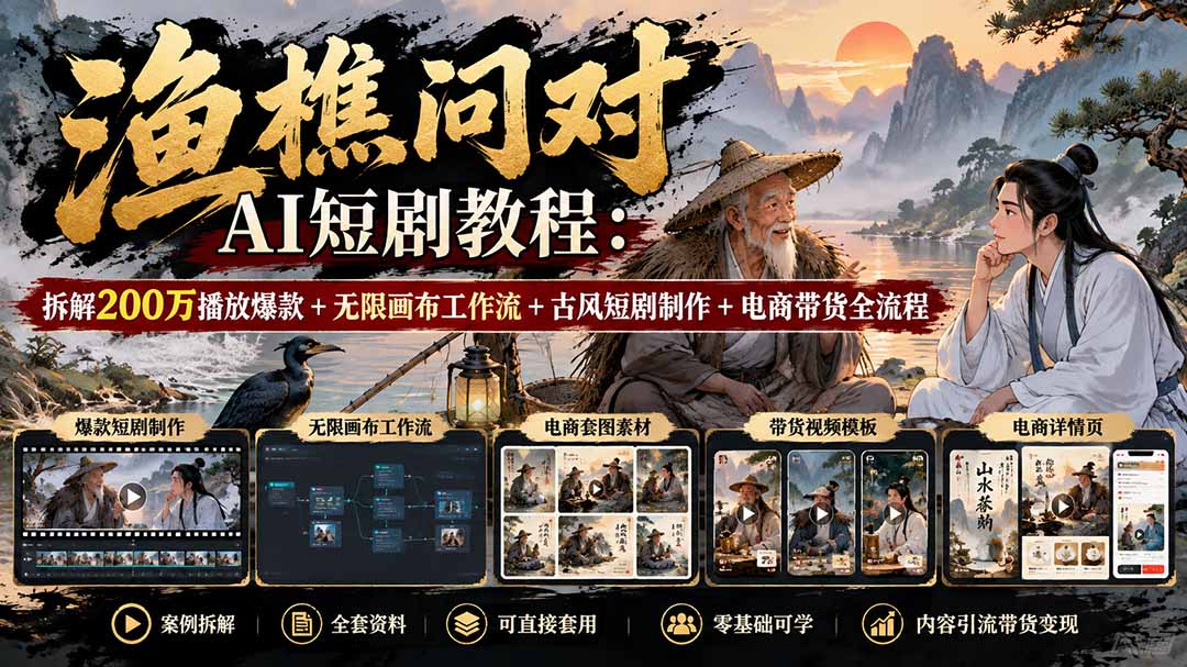 【无水印】渔樵问对AI短剧教程:拆解200万播放爆款+无限画布工作流+古风短剧制作+电商带货全流程-皮皮网创