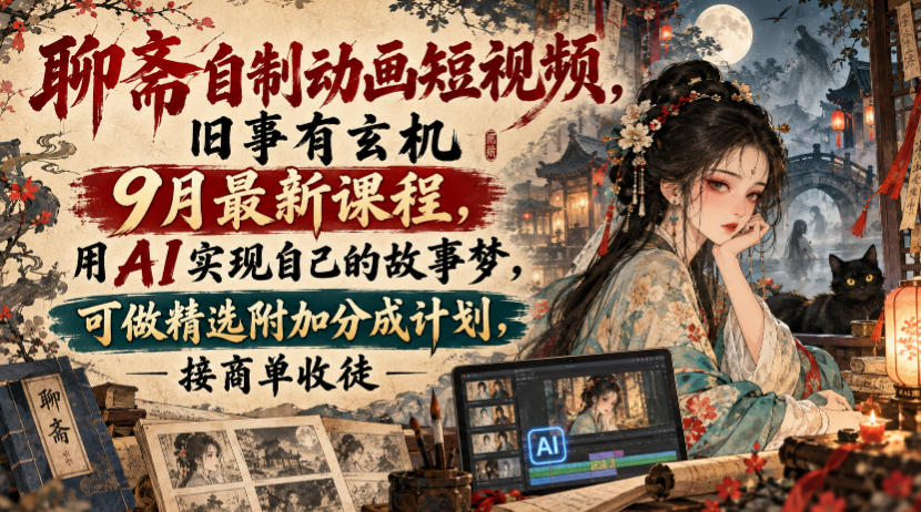 聊斋自制动画短视频，旧事有玄机9月最新课程，用AI实现自己的故事梦，可做精选附加分成计划，接商单收徒-皮皮网创