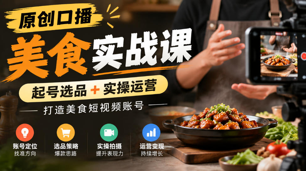 原创口播美食实战课，起号选品+实操运营，打造美食短视频账号-皮皮网创