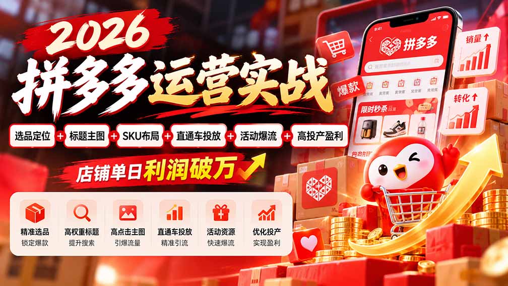 2026拼多多运营实战-更新1002:选品定位+标题主图+SKU布局+直通车投放+活动爆流+高投产盈利 店铺单日利润破万-皮皮网创