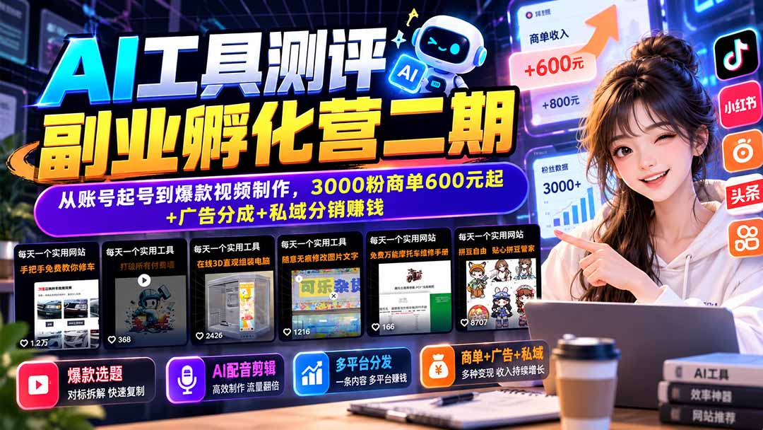 AI工具测评副业孵化营二期：从账号起号到爆款视频制作，3000粉商单600元起+广告分成+私域分销赚钱-皮皮网创