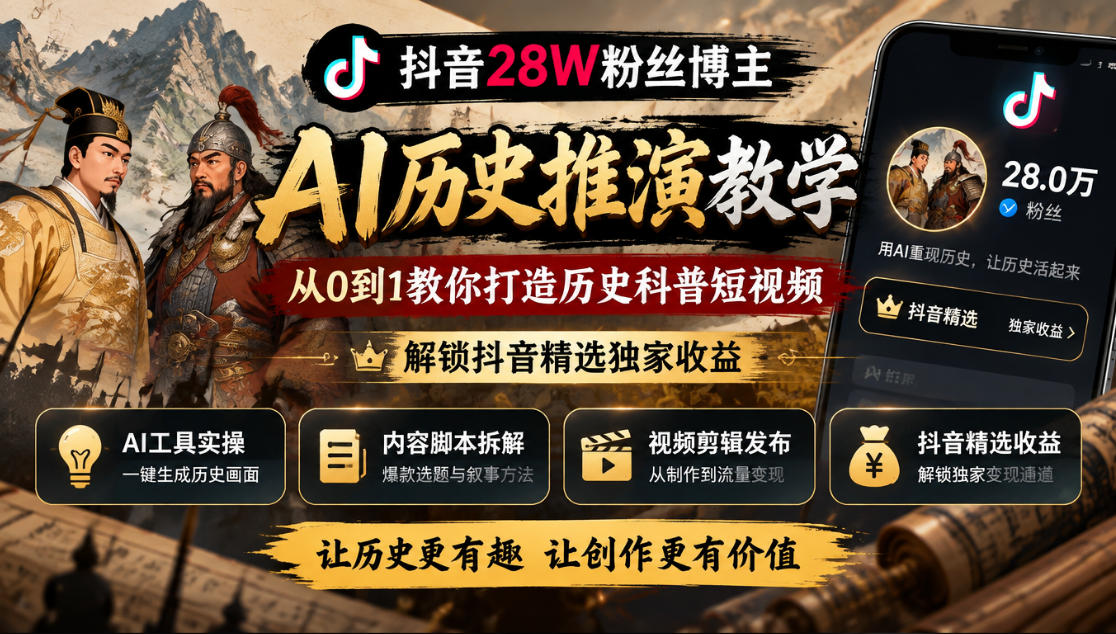 抖音28W粉丝博主的AI历史推演教学,从0到1教你打造历史科普短视频,解锁抖音精选独家收益-皮皮网创