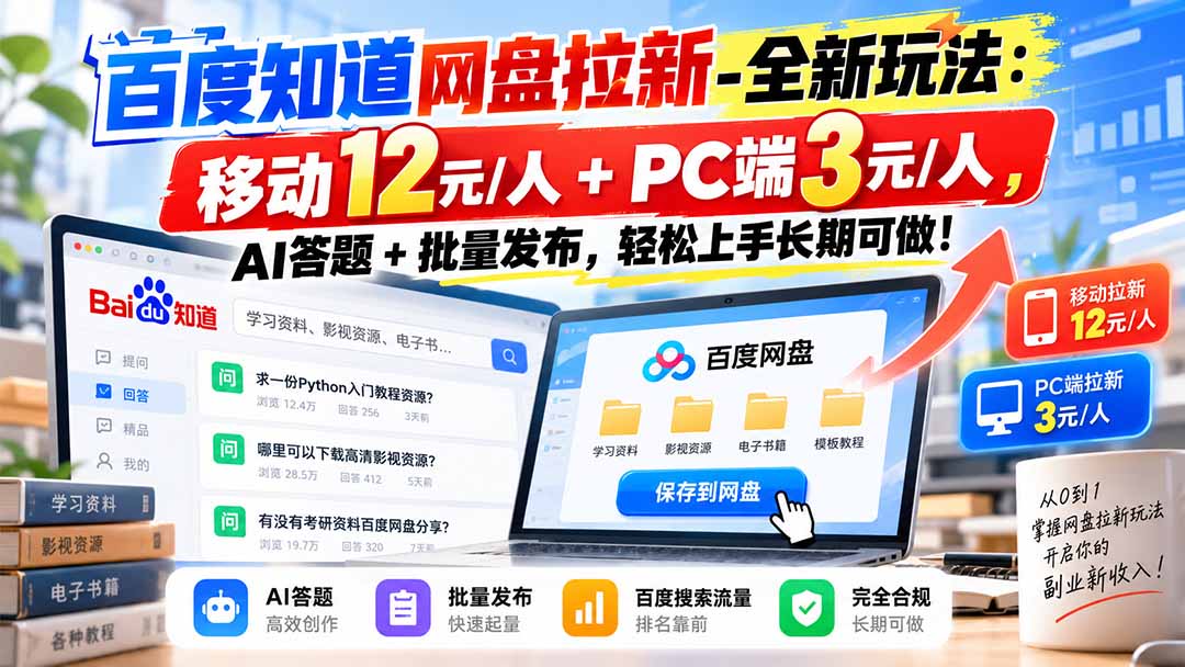 百度知道网盘拉新-全新玩法:移动12元/人+PC端3元/人,AI答题+批量发布,轻松上手长期可做!-皮皮网创