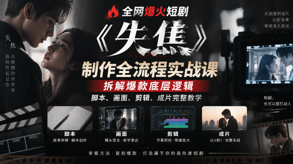 全网爆火短剧《失焦》制作全流程实战课|拆解爆款底层逻辑,脚本、画面、剪辑、成片完整教学-皮皮网创