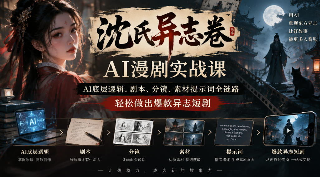沈氏异志卷AI漫剧实战课|AI底层逻辑、剧本、分镜、素材提示词全链路,轻松做出爆款异志短剧-皮皮网创