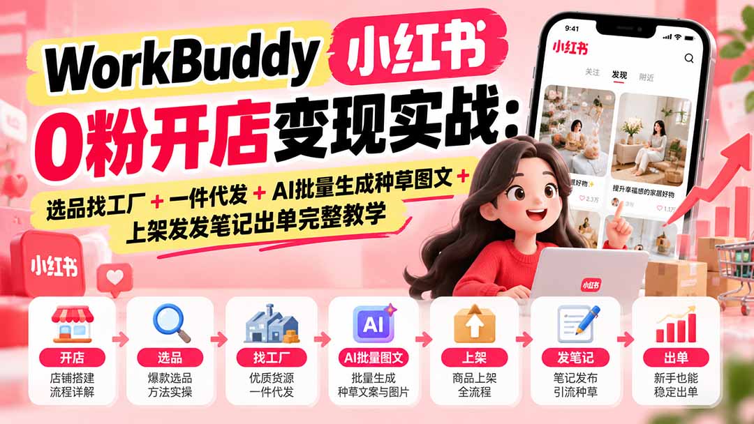 WorkBuddy小红书0粉开店变现实战:选品找工厂+一件代发+AI批量生成种草图文+上架发发笔记出单完整教学-皮皮网创