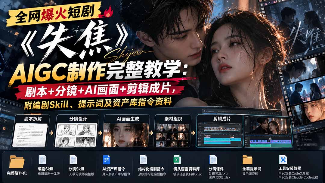 全网爆火短剧《失焦》AIGC制作完整教学:剧本+分镜+AI画面+剪辑成片,附编剧Skill、提示词及资产库指令资料-皮皮网创