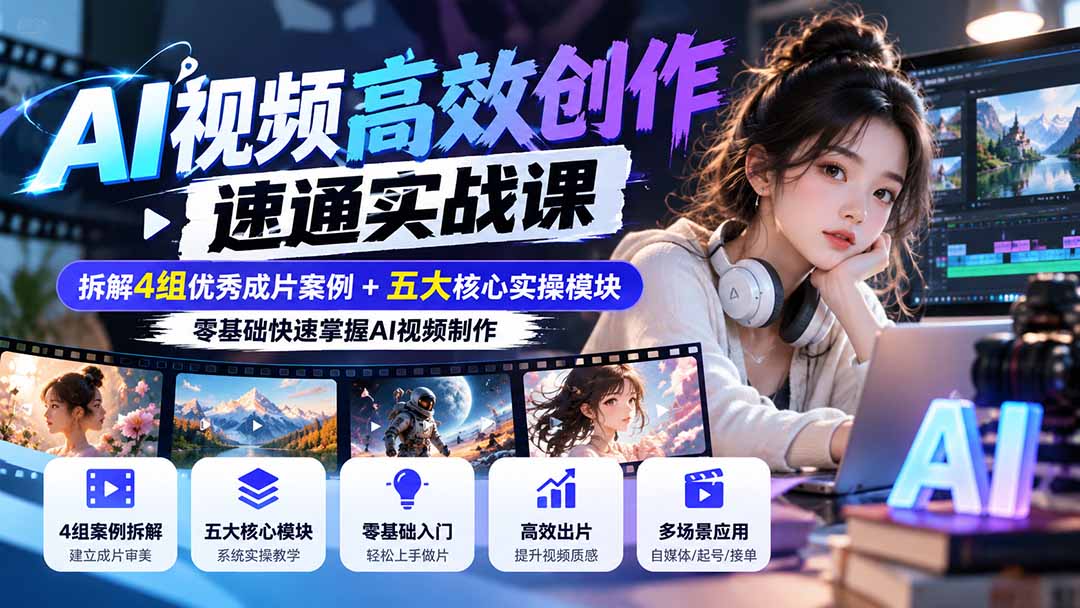 【无水印】AI视频高效创作速通实战课:拆解4组优秀成片案例+五大核心实操模块,零基础快速掌握AI视频制作-皮皮网创